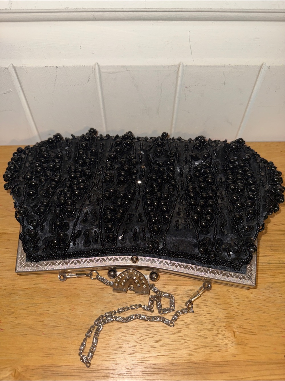 Women’s Black Beaded Evening Clutch with Chain Strap - Picture 7 of 8